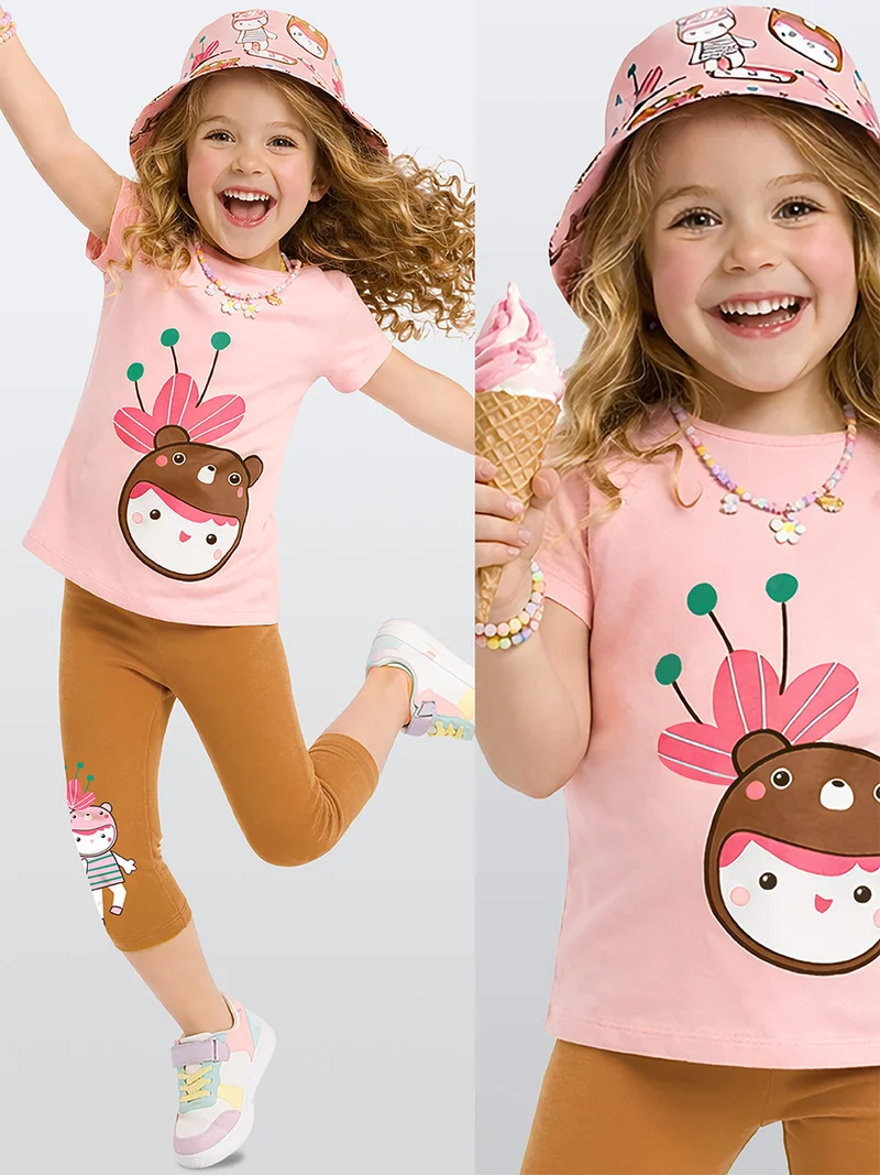 دينوكيدس طقم فتيات تي شيرت وسروال ضيق بتصميم دب